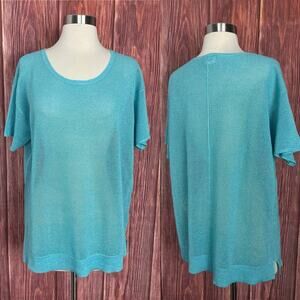 Chicos Womens Sweater Size 2 US Large Open Knit Short Sleeve Textured Blue